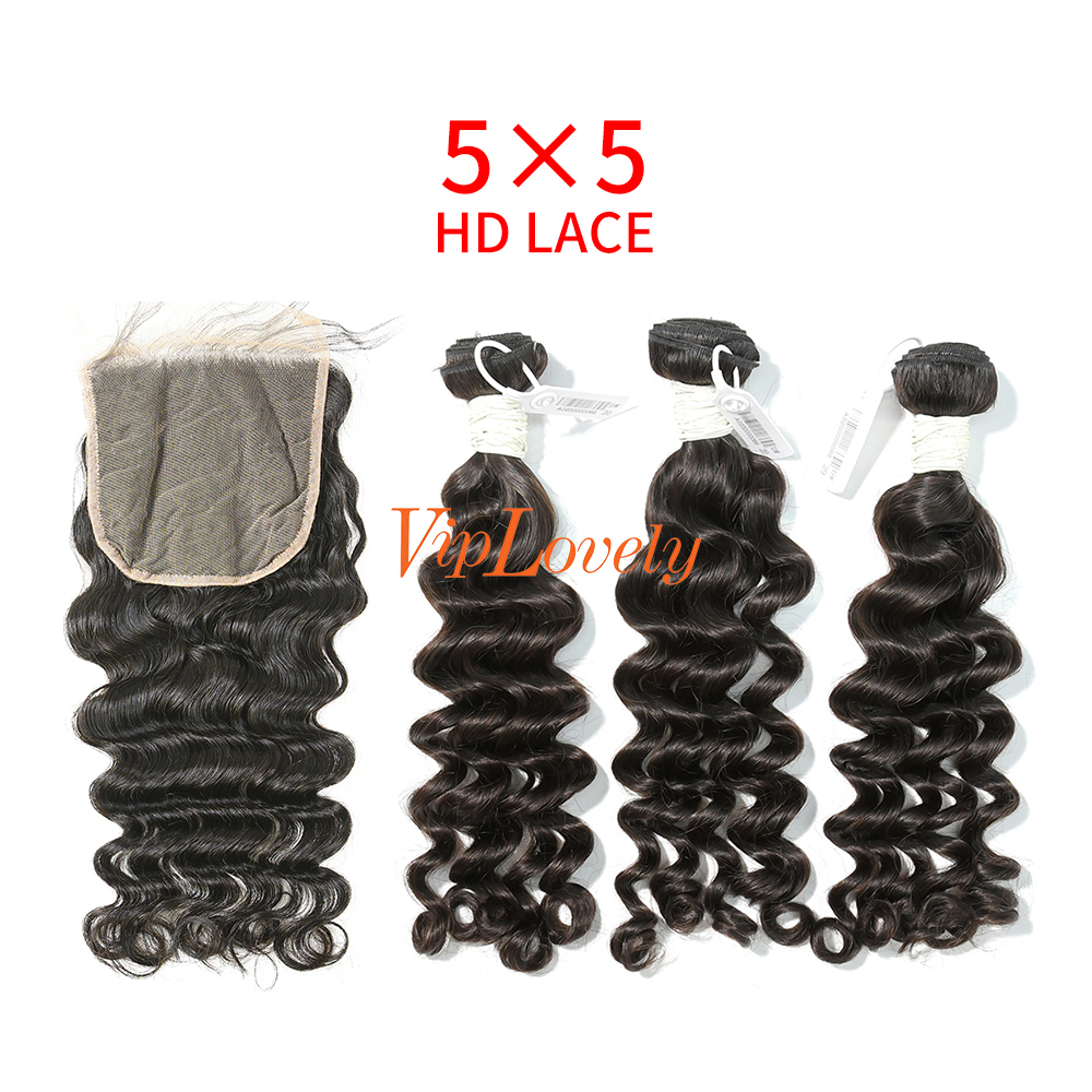 HD Lace Virgin Human Hair Bundle with 5×5 Closure Deep Wave