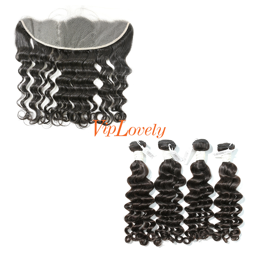 #1b Brazilian Virgin Human Hair Weft with 13X4 Frontal Deep Wave