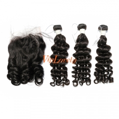 #1b Brazilian Virgin Human Hair Bundle with 5×5 Lace closure Loose Wave